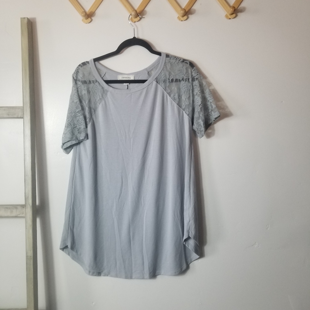 NWOT ZENANA WOMEN'S GRAY LACE SLEEVE BLOUSE SIZE XL
